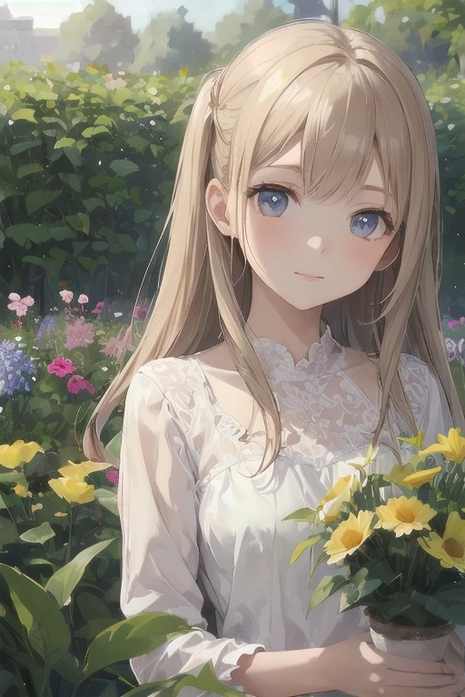 Patient girl admiring flowers in flower garden.