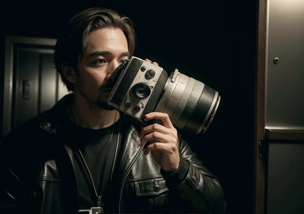 man holding an old camera in a horror film