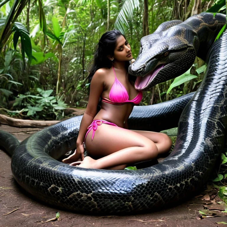 Topless pink bikini wearing aroused horny beautiful happy indian girl vs Giant black anaconda monster wrapped around her body squeezing her in coiled embrace cuddling and kissing sexual erotic bestiality sex realistic in the rainforest full body, best quality wet