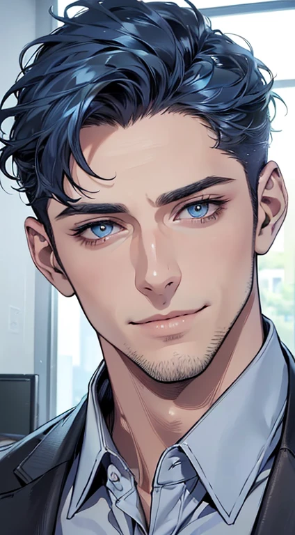 (best quality,4k,8k,highres,masterpiece:1.2),ultra-detailed,(realistic,photorealistic,photo-realistic:1.37),1 man,31 years old,mature man,very handsome,without expression,smile,short blue hair,blue eyes,penetrating gaze,perfect face without errors,imposing posture,businessman,office background,cinematic lighting,hdr image