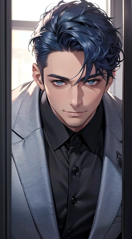 (best quality,4k,8k,highres,masterpiece:1.2),ultra-detailed,(realistic,photorealistic,photo-realistic:1.37),1 man,31 years old,mature man,very handsome,without expression,smile,short blue hair,blue eyes,penetrating gaze,perfect face without errors,imposing posture,businessman,office background,cinematic lighting,hdr image