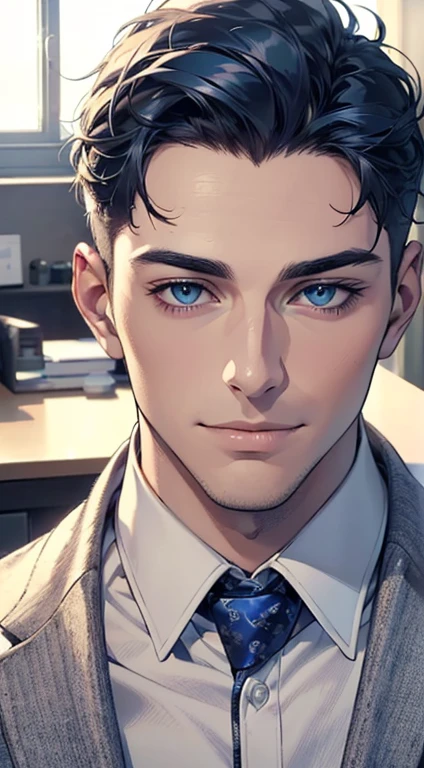 (best quality,4k,8k,highres,masterpiece:1.2),ultra-detailed,(realistic,photorealistic,photo-realistic:1.37),1 man,31 years old,mature man,very handsome,without expression,smile,short blue hair,blue eyes,penetrating gaze,perfect face without errors,imposing posture,businessman,office background,cinematic lighting,hdr image