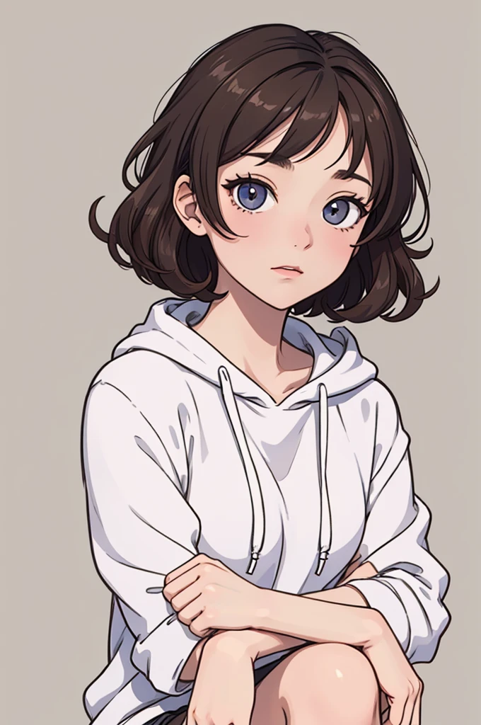 (((masterpiece, best quality, ultra highres, 1 girl, solo, no background))), super detailed skin and face and eyes and finger, beautiful japanese woman, small breasts:1.5, skinny, light brown hair, white background, very short curly hair, (an illustration of girl), Knee shot, Generate with illustrations, Various expressions, Various poses, Please draw the entire character within the frame, ensuring that the head, arms, and legs are not cut off. The background should be simple, with the character positioned centrally, outline, anime, hoodie, curly hair,