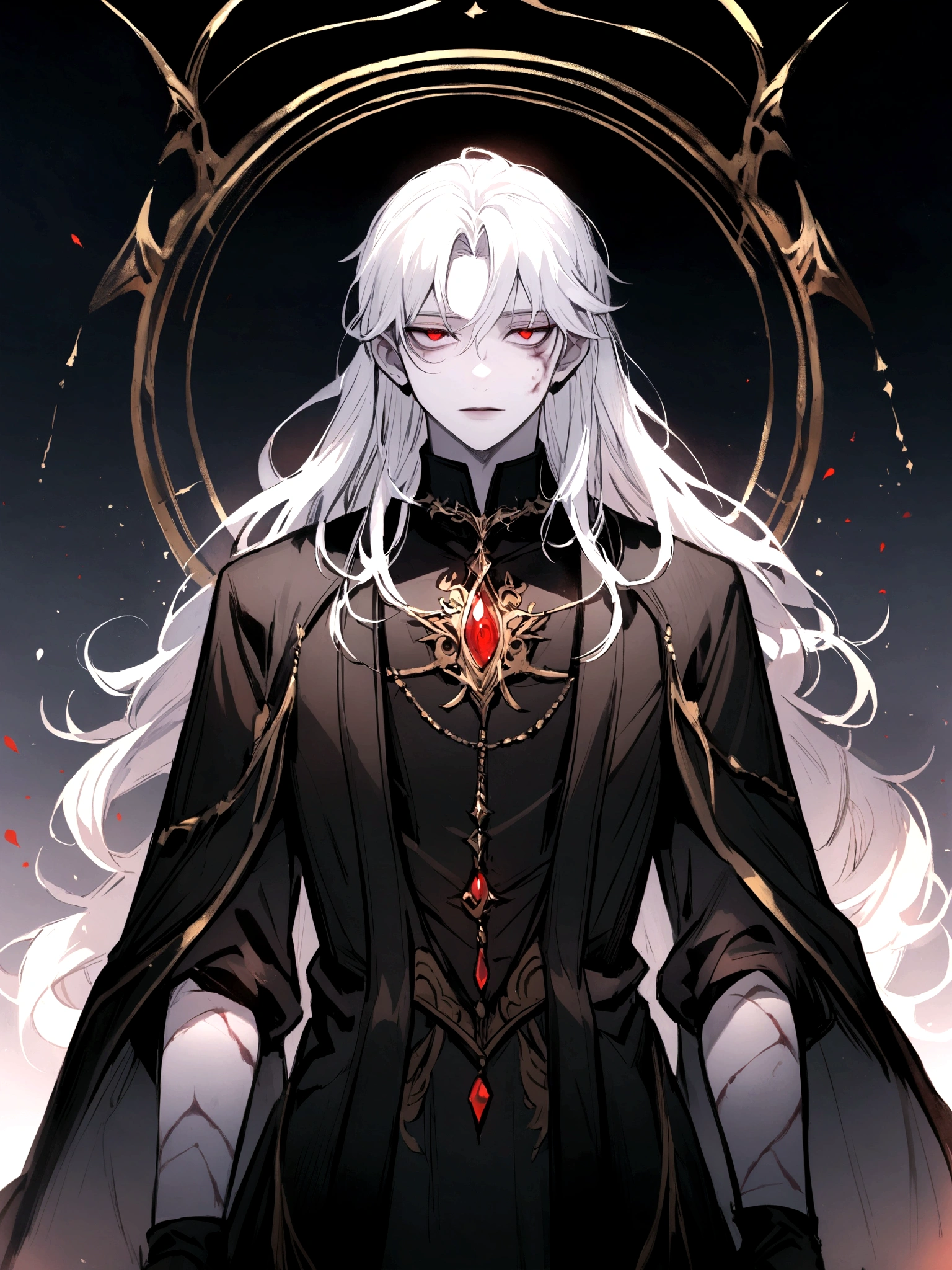 full-length, boy, long white hair, pale skin, black robe, red eyes, calm gaze, bruises under the eyes