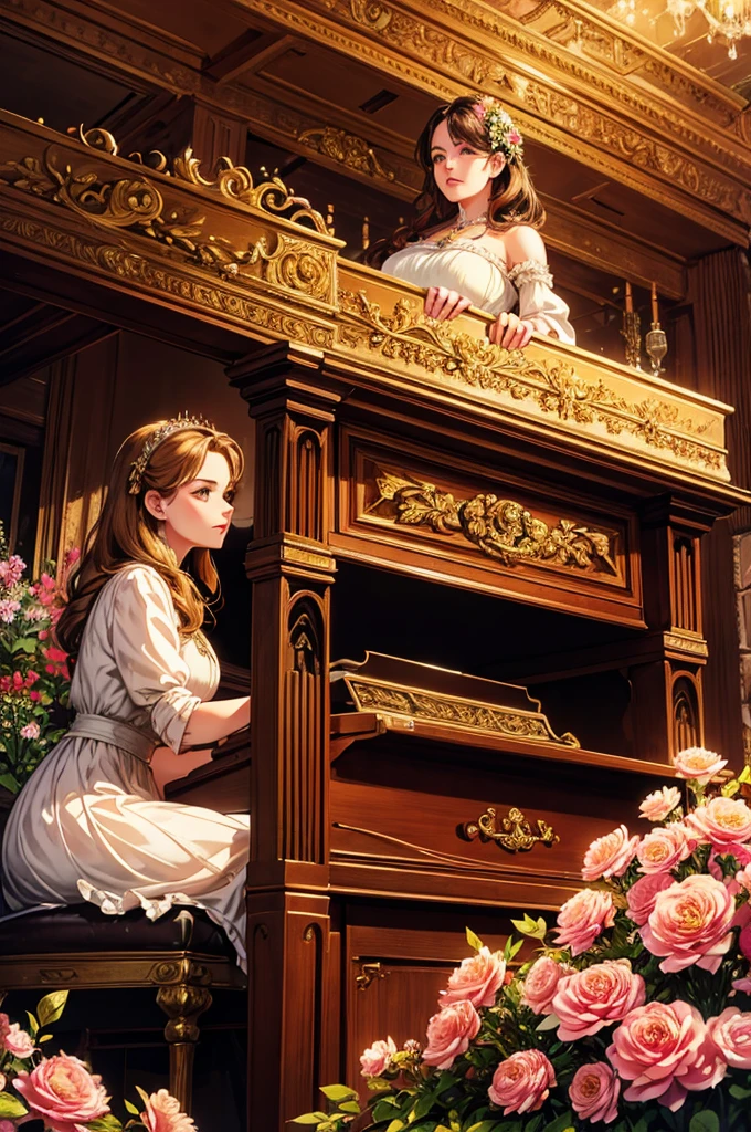 A beutiful realistic scene of a lady in a old fashioned dress; the background is large and vintage, a ancient house with a golden piano and a lot of flowers; masterpiece;