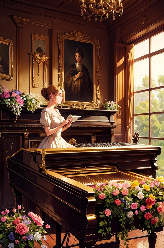 A beutiful realistic scene of a lady in a old fashioned dress; the background is large and vintage, a ancient house with a golden piano and a lot of flowers; masterpiece;