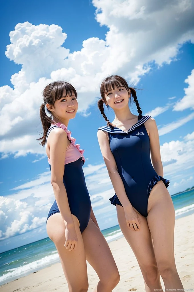 2 girls standing in beach,cumulonimbus cloud in summer blue sky,navy blue sailor swimsuit with frills,18-year-old,bangs,a little smile,thighs,knees,short hair with low pigtails bunches blowing in wind,from below,front light