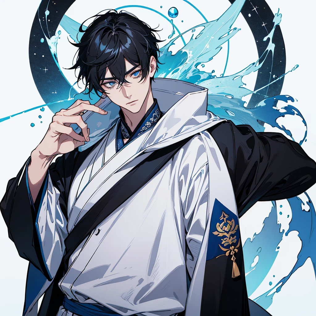 ((Genshin impact style)) ((face portrait))(masterpiece), (high quality), (pretty boy face), 1 boy, 16 years, masculine and tall body, white skin, ((long black hair)), ((light blue and cold eyes)), calm and paeceful expression, designs from East Asian, Game character costume design, Japanese clothing style with a dark blue, white and black color palette, his is holding a book ((White background, mathematical, astronomical and blue details)), ((portrait panting)) intricate details, ultra high resolutio, HD,8k,clear facial features,clear details,beautiful eyes,beautiful face
