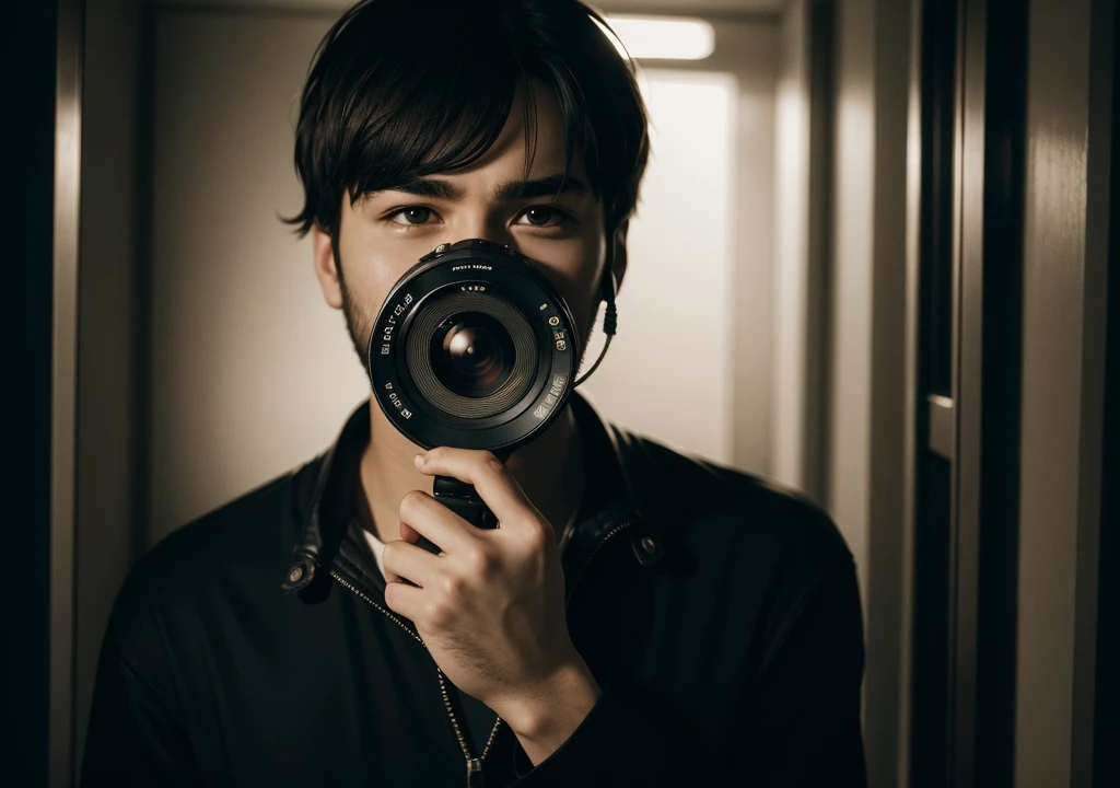 man holding a camera with a rotating screen in a horror movie