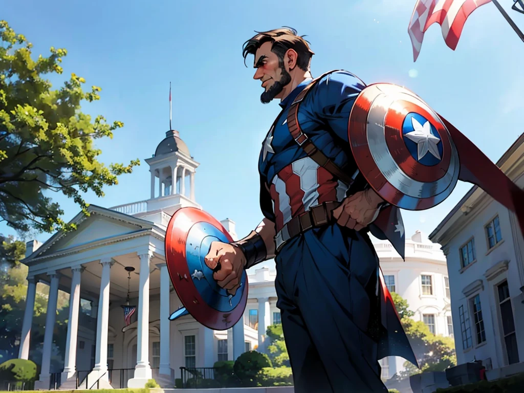 Abraham Lincoln dressed as Captain America with just one shield, the white house in the background on a sunny day, United States flag in the background, superhero hq style