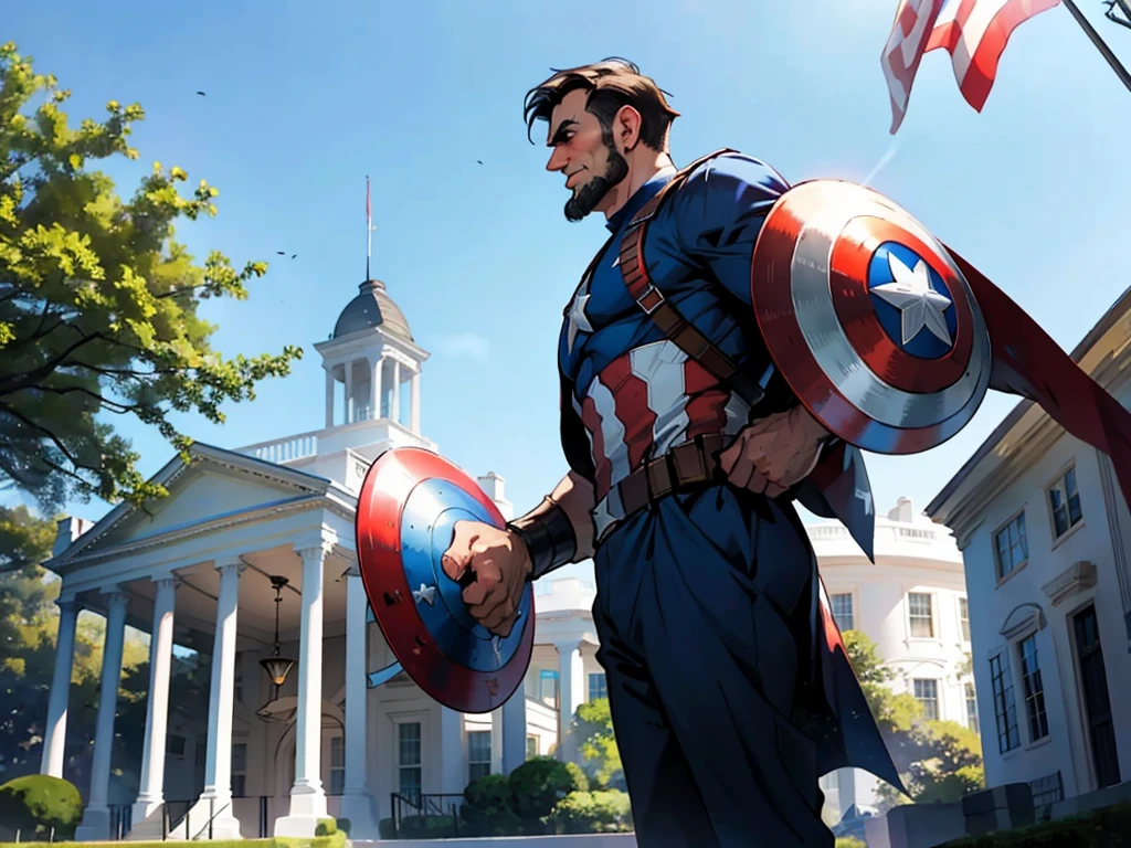Abraham Lincoln dressed as Captain America with just one shield,  the white house in the background on a sunny day, United States flag in the background, superhero hq style 