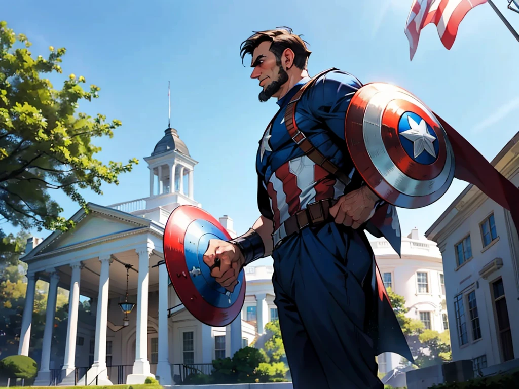 Abraham Lincoln dressed as Captain America with just one shield, the white house in the background on a sunny day, United States flag in the background, superhero hq style