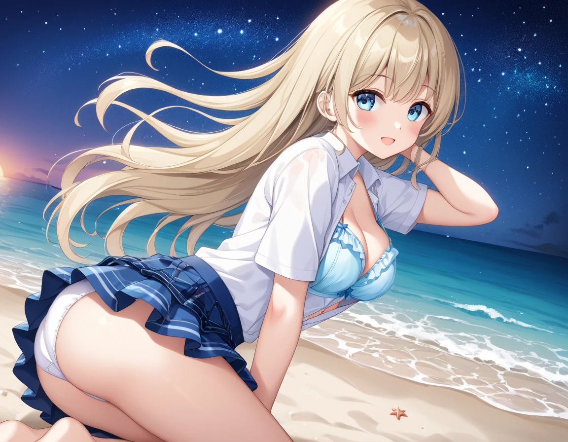 A cute white shirt that makes her look beautiful 、Unbuttoned white shirt、Blue 3/4 Cup Bra、Light blue frilled flared skirt、She holds up her skirt with both hands、Showing off her cute white underwear、The white underwear you can see when you lift up your skirt is cute、Sandy Beach, Beautiful sea, Night and starry sky