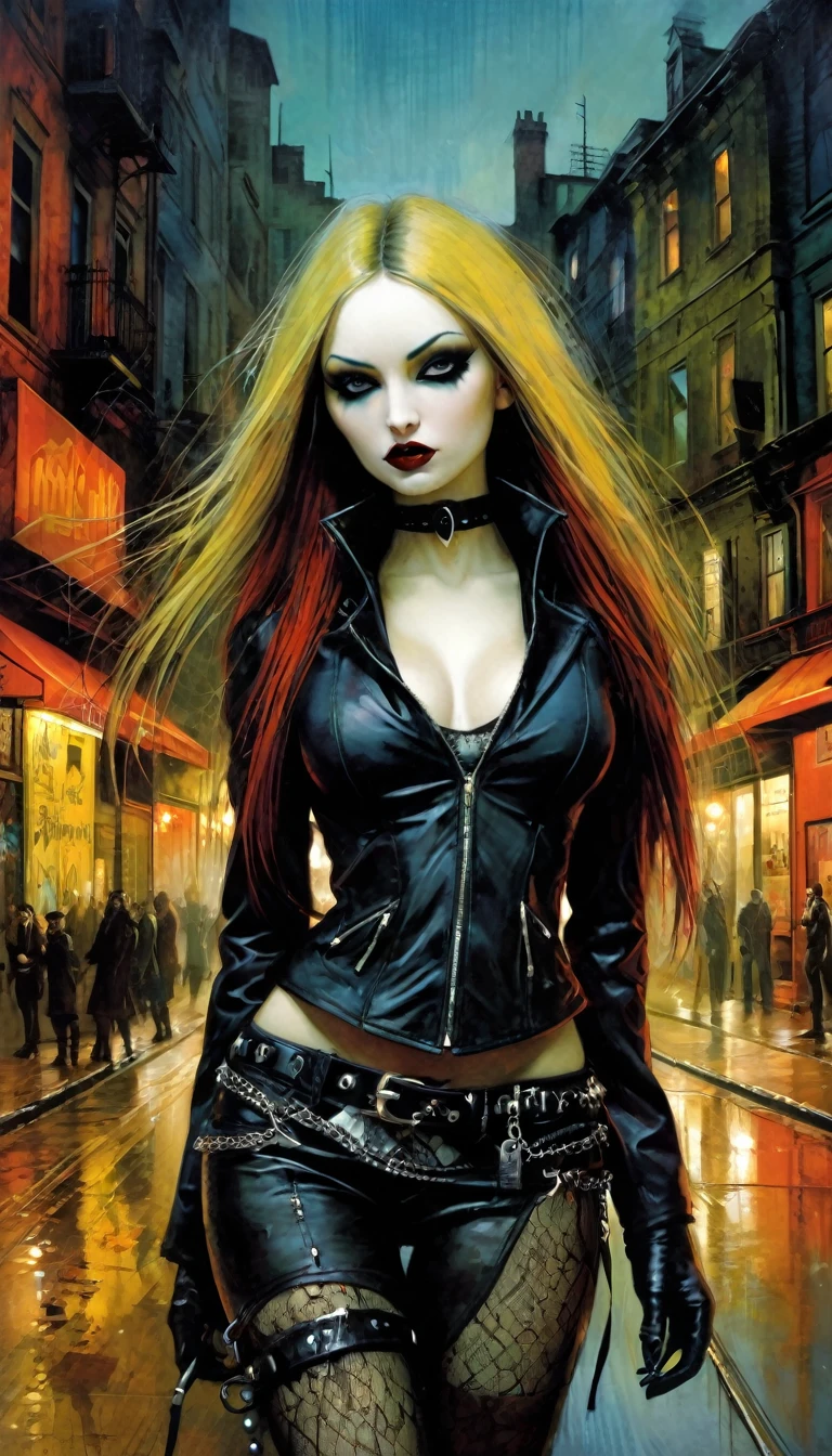 a sexy girl with a punk-gothic appearance and long hair, in the streets of the city of vampires:1.5 (art inspired by Bill Sienkiewicz, oil painting) (best quality,4k,8k,highres,masterpiece:1.2),ultra-detailed,(realistic,photorealistic,photo-realistic:1.37),intricate details,vivid colors,sharp focus,professional,Dave McKean artwork, oil touch of surrealism,oil painting style