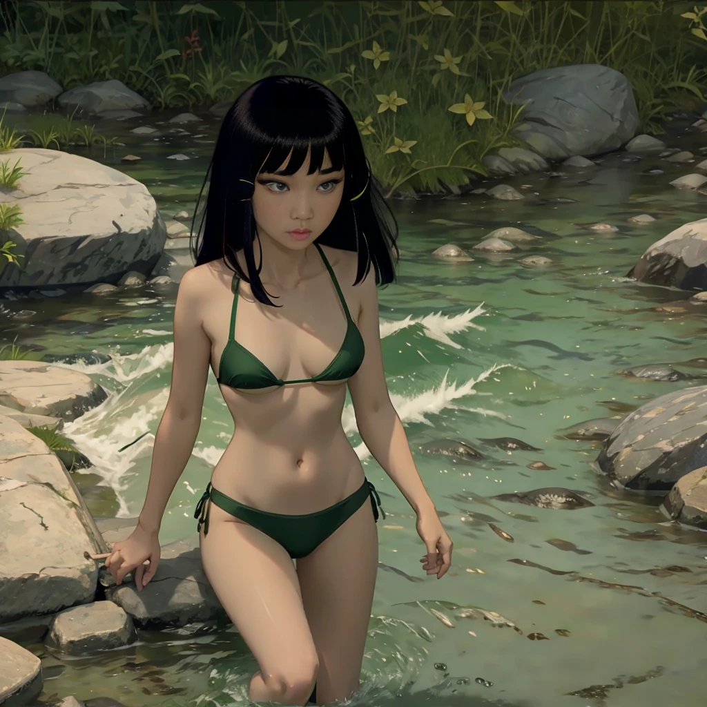 with bangs Asian green eyes,bikini
