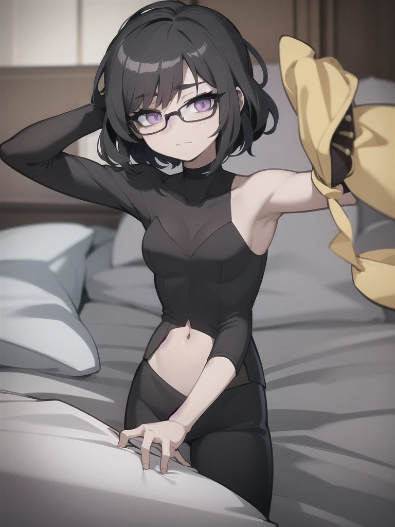 manhwa style, create a girl with purple eyes and black glasses, short dark hair, wearing a black shirt, in a gray room and a bed with black sheets.