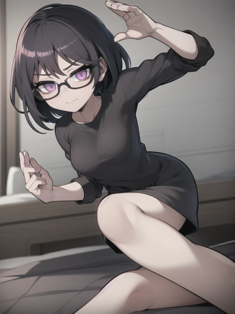 manhwa style, create a girl with purple eyes and black glasses, short dark hair, wearing a black shirt, in a gray room and a bed with black sheets.