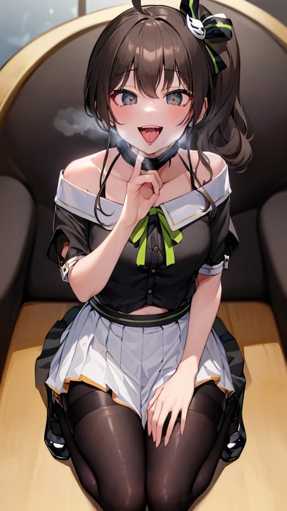  ((((Open your mouth))))、masterpiece,highest quality,High resolution,Very detailed,bb Festival,meだium hair,skinny,Ahoge,Brown Hair,(((((  Captivating smile ))))),skinny,Hair between the eyes,bangs,Hair Ribbon,Black Choker,Earrings,Black Ribbon,plaiだ shirt,Grey Shirt,shoulだer cutout,Short sleeve,See-through sleeves,Black Skirt,High Waist Skirt,Race,(((( Perfect Fingers )))) ,  shoes,(black shoes:1.4),Race trim,shoes,Black footwear,indoor,(Cafe:1.2),((Blowjob Gestures:1.5))、Open your mouth ,Sitting,Chair,Heavy breathing ,Hand in front of your mouth,Hand in front of mouth, manga,text,magazine、(Black mask:1.2, mask pull:1.3)、Squint your eyes、Sharp Eye、((steam,sweat、Vulgarity)),(Late Night:1.8, Dark lighting:1.6, dark:1.8, Spotlight, Heart-shaped pupils:1.2, motion blur)