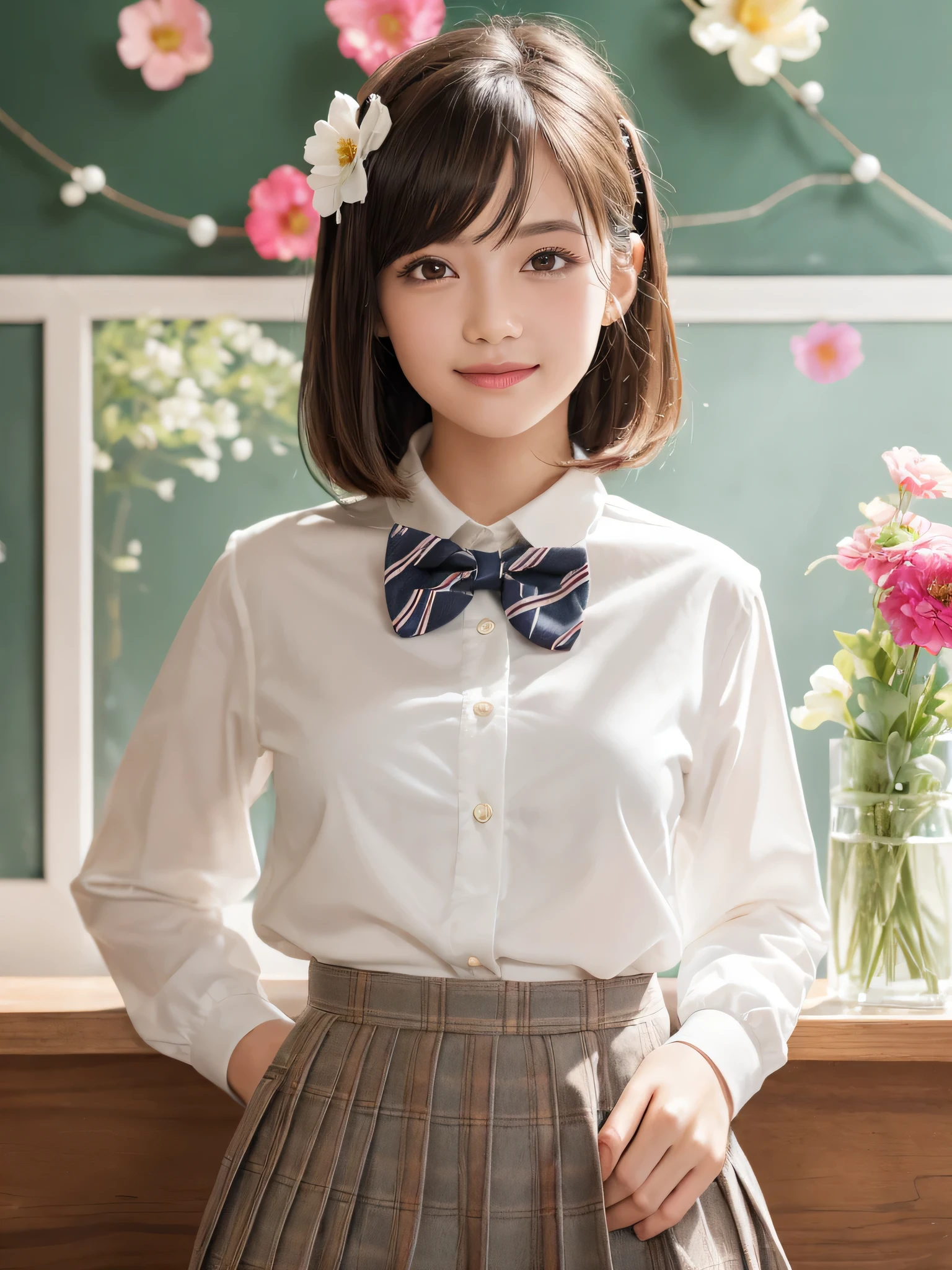 (1woman), bob hair, (round eyes:1.2), (highly detailed face and eyes), happy smile,  Amazing face and eyes, (school uniform, skirt, bow tie:1.3), (Best Quality:1.4), (Ultra-detailed), (extremely detailed CG unified 8k wallpaper), Highly detailed, High-definition raw color photos, Professional Photography, Realistic portrait, indoors, (casual room, cute wallpapers:1.3), (A moment of relaxation), model, (studio photo shoots, cute backgrounds, many flower decorations), depth of fields, (fine face:1.2), summer,