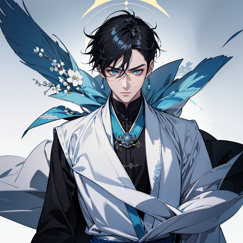 ((Genshin impact style)) ((face portrait))(masterpiece), (high quality), (pretty boy face), 1 boy, , masculine and tall body, white skin, ((long black hair)), ((light blue and cold eyes)), calm and paeceful expression, designs from East Asian, Game character costume design, Japanese clothing style with a dark blue, white and black color palette, his is holding a book ((White background, mathematical, astronomical and blue details)), ((portrait panting)) intricate details, ultra high resolutio,  HD，8k，clear facial features，clear details，beautiful eyes，beautiful face
