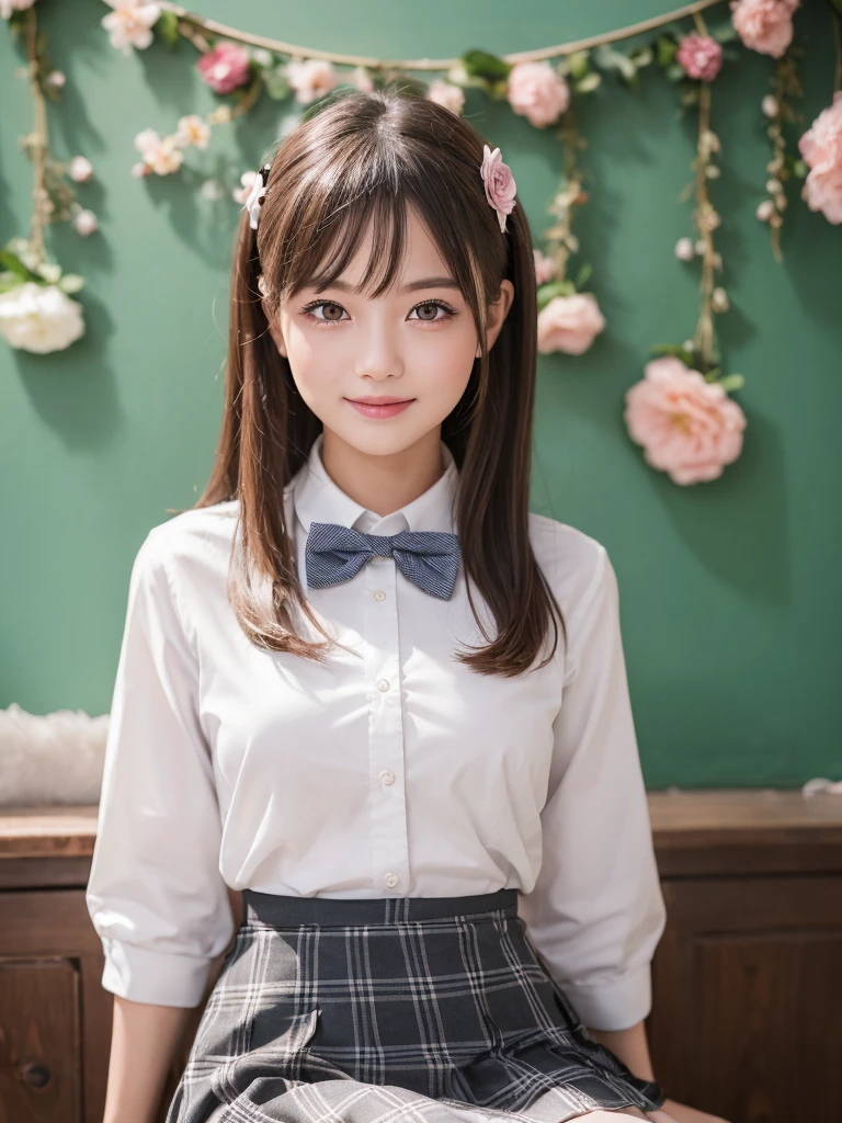 (1woman), bob hair, (round eyes:1.2), (highly detailed face and eyes), happy smile, Amazing face and eyes, (school uniform, skirt, bow tie:1.3), (Best Quality:1.4), (Ultra-detailed), (extremely detailed CG unified 8k wallpaper), Highly detailed, High-definition raw color photos, Professional Photography, Realistic portrait, indoors, (casual room, cute wallpapers:1.3), (A moment of relaxation), model, (studio photo shoots, cute backgrounds, many flower decorations), depth of fields, (fine face:1.2), summer,