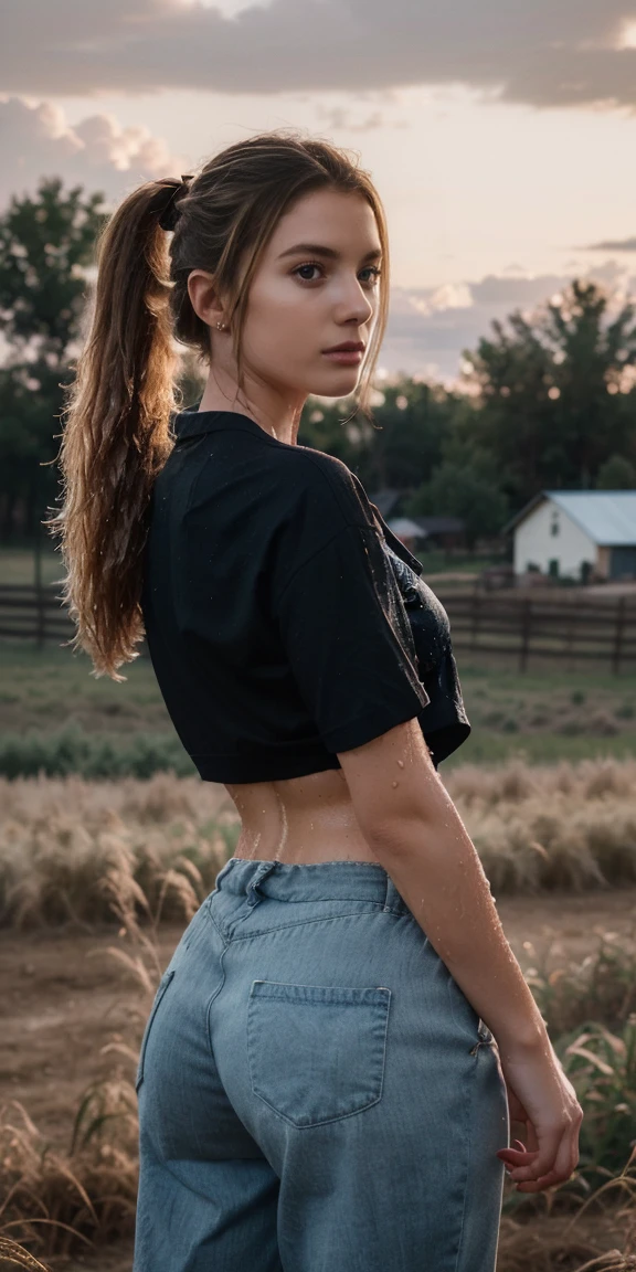 High resolution illustrations, incomparable masterpiece, Ultra-realistic 8k CG, perfect work of art, (fidelity: 1.5), Farm, Rancho, ((evening)), cloudy, ((Lindsay Marie Brewer)), (((Alone))), wet hair, by rubio, single ponytail, Huge , big ass, Natural makeup, ((Casual clothes, Cowboys)), character in the middle, standing.
