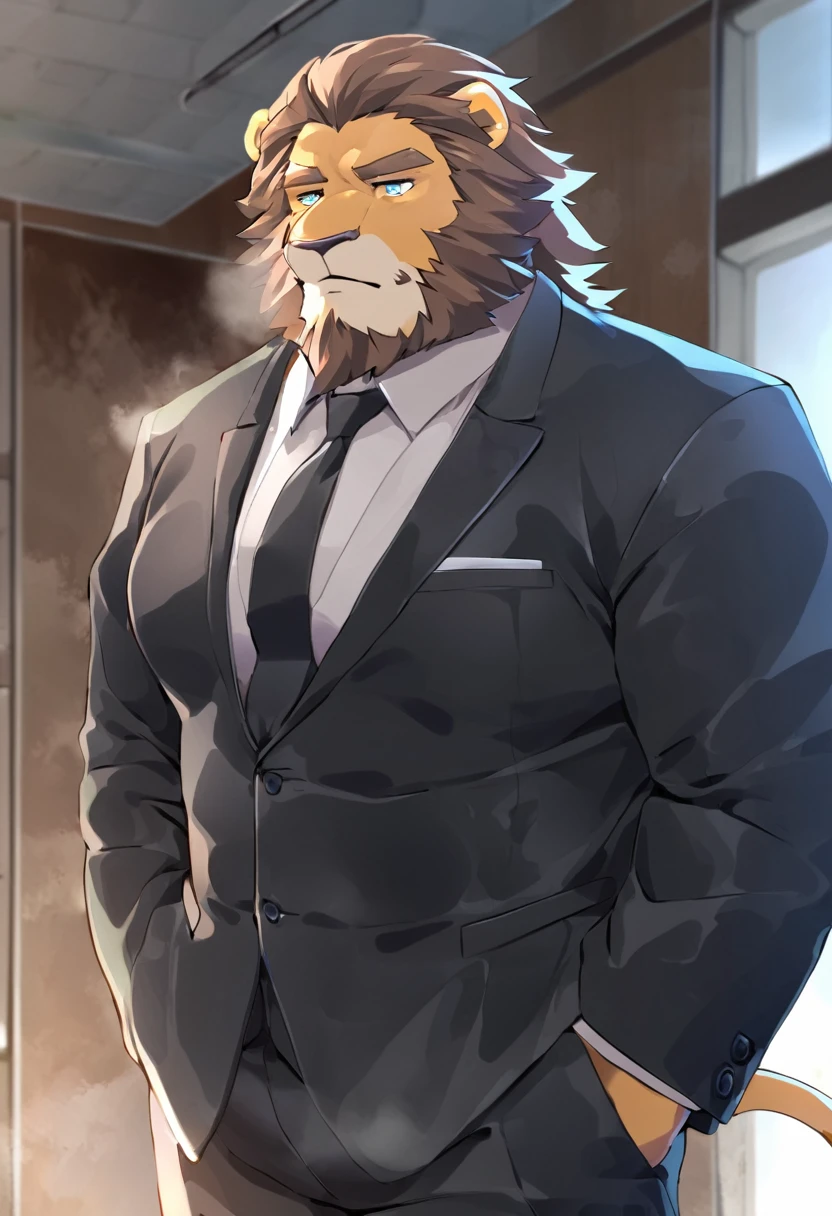 lion,personification,Mature male,Decadent strong man,Beard,Cold expression,Blue pupils,Brown eyebrows,Black suit suit,Hands in pockets,The Age of Steam,Hospital Office。