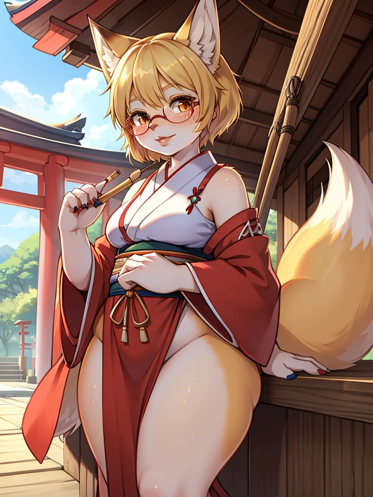 Japanese shrine maiden outfit fox , short blonde hair, freckles, (thick lips), plump, glasses , Purification stick