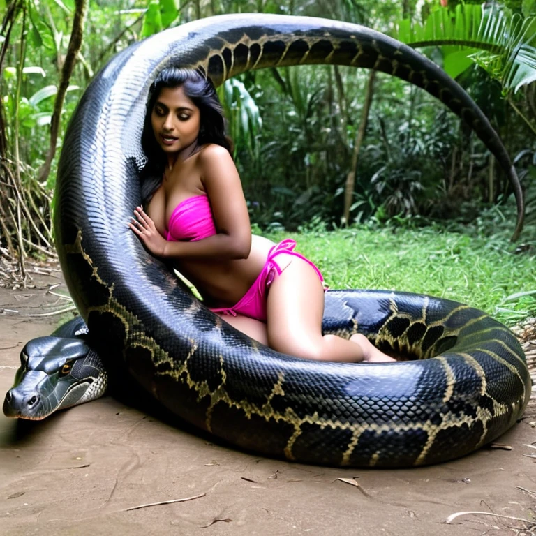  Topless  pink bikini wearing aroused horny beautiful happy indian   girl  vs  Giant black anaconda    monster wrapped around her body squeezing her in coiled embrace cuddling and kissing  sexual erotic bestiality  sex  realistic in the rainforest full body, best quality wet 