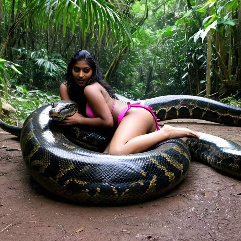  Topless  pink bikini wearing aroused horny beautiful happy indian   girl  vs  Giant black anaconda    monster wrapped around her body squeezing her in coiled embrace cuddling and kissing  sexual erotic bestiality  sex  realistic in the rainforest full body, best quality wet 