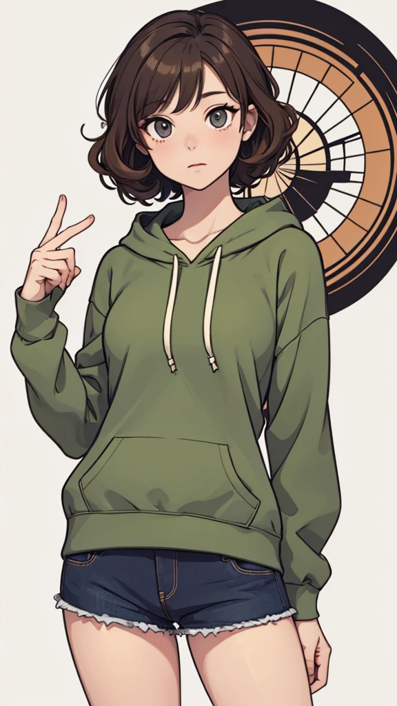 (((masterpiece, best quality, ultra highres, 1 girl, solo, no background))), super detailed skin and face and eyes and finger, beautiful japanese woman, small breasts:1.5, skinny, light brown hair, white background, very short curly hair, (an illustration of girl), Knee shot, Generate with illustrations, Various expressions, Various poses, Please draw the entire character within the frame, ensuring that the head, arms, and legs are not cut off. The background should be simple, with the character positioned centrally, outline, anime, hoodie, curly hair,