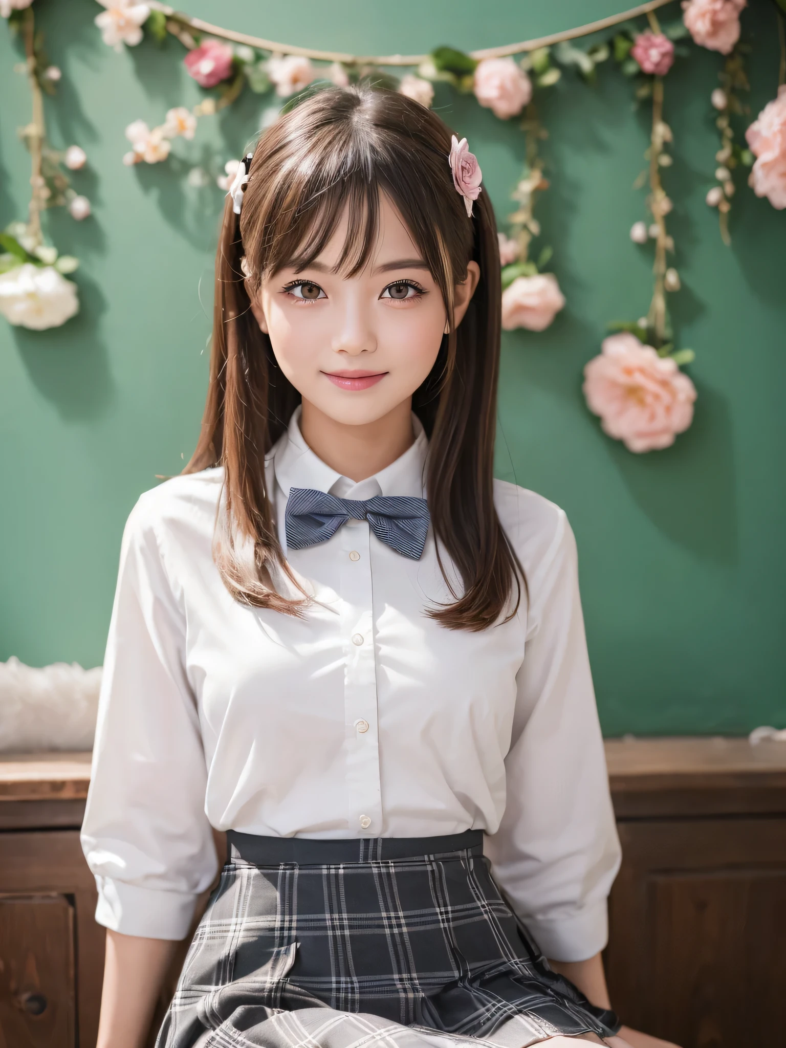 (1woman), bob hair, (round eyes:1.2), (highly detailed face and eyes), happy smile, Amazing face and eyes, (school uniform, skirt, bow tie:1.3), (Best Quality:1.4), (Ultra-detailed), (extremely detailed CG unified 8k wallpaper), Highly detailed, High-definition raw color photos, Professional Photography, Realistic portrait, indoors, (casual room, cute wallpapers:1.3), (A moment of relaxation), model, (studio photo shoots, cute backgrounds, many flower decorations), depth of fields, (fine face:1.2), summer,