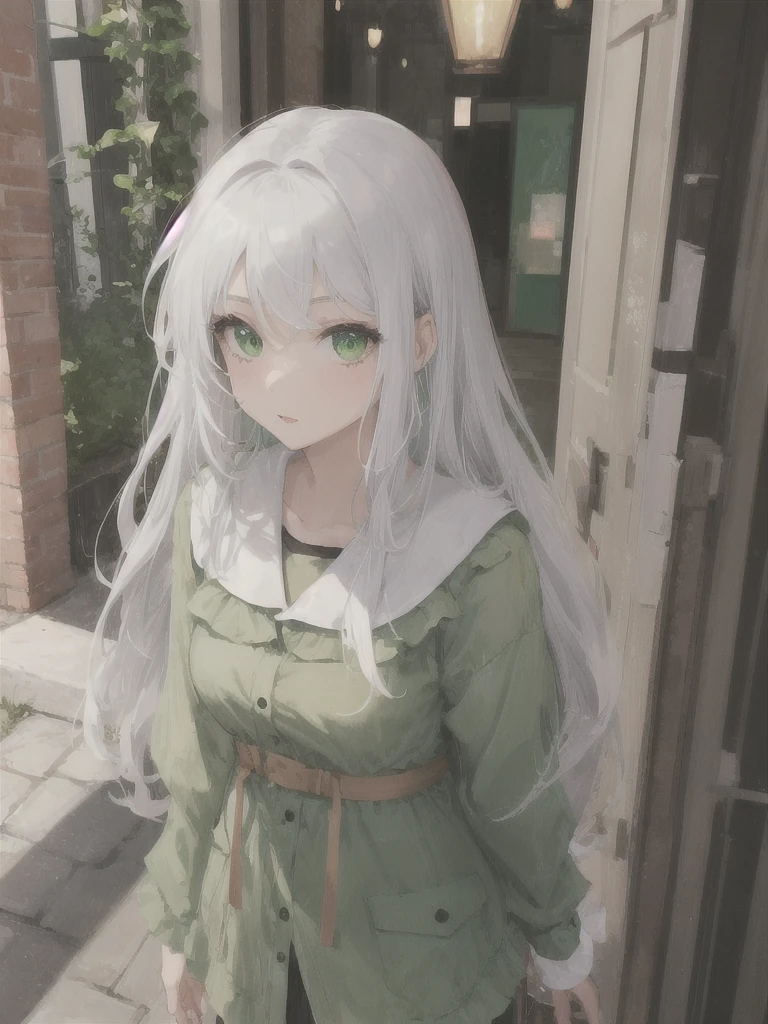 1girl, white long hair, green eyes, black , 