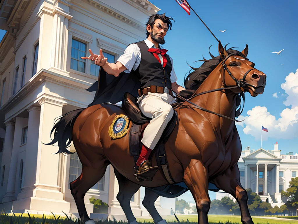 President Lincoln defending the White House, dressed as Super Hero, a sunny day, image for t-shirt print
