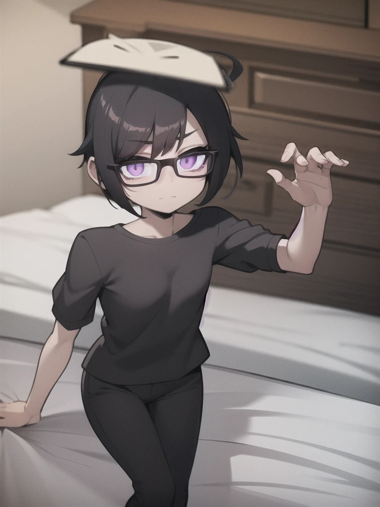 manhwa style, create a girl with purple eyes and black glasses, short dark hair, wearing a black shirt, in a gray room and a bed with black sheets.