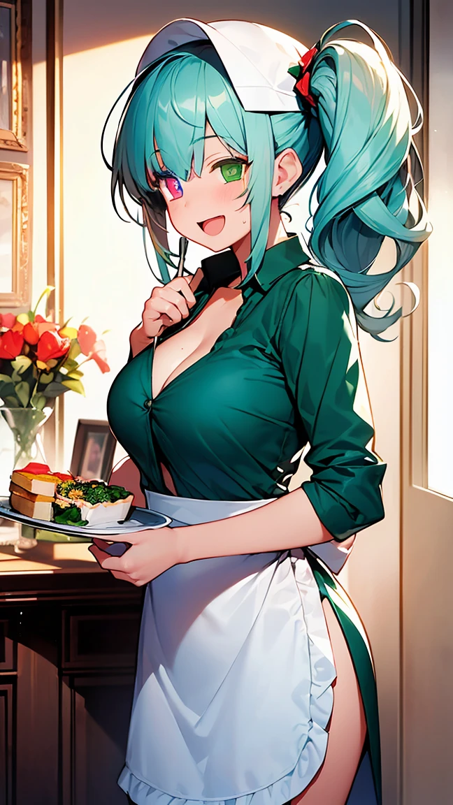 (8k, RAW photo, best quality, masterpiece, highres, absurdres, ultra detailed:1.3), (Photography, realistic, photo-realistic:1.4), (beautiful natural lighting, beautiful deatailed shadow, beautiful detailed glow :1.4), atmospheric,
BREAK Beauty 1 Girl,Solo,(Cute:1.5),(Chibi:0.6),(kawaii:1.5),(:0.5),BREAK,(17 yl),Very detailed,colourfull,highest details,Clear skin,Beautiful skin,Shy,Very detailed,colourfull,highest details,BREAK,Clear skin,Beautiful skin,Shy skin,1 beautiful girl,(Heterochromia,blue eyes,green eyes:1.75),star eye silhouette,BREAK (pale blue hair, Medium length:1.4),(side ponytail,A little curly hair,Princess Cut, crossed bangs:1.3),,(cleavage of the breast,Big breasts,Beautiful breasts,Large breasts:1.5),(long eyelashes, Double eyelids:1.2),Solo,gleaming skin, Clear skin, Beautiful skin,(best quality face),(Top quality glowing eyes), (The best smile,:D:1.45),
BREAK //Character
(ligne claire,1980s \(style\):1.1),(LoFi aesthetic,:1.2),pastel colors,(gingham apron:1.2),baseball cap,BREAK
indoors,classics american diner,(neon lights:1.1),food,
BREAK wakame,wakame,wakame,(cowboy shot,from front:1.4),
BREAK manga illustration.media,manga style,(water color:1.15),