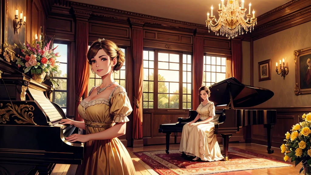A beutiful realistic scene of a lady in a old fashioned dress; the background is large and vintage, a ancient house with a golden piano and a lot of flowers; masterpiece; perfect face; 