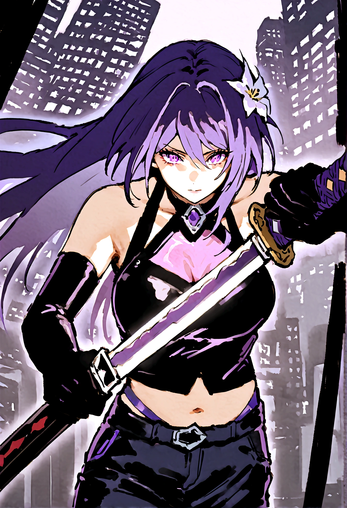 Anime girl with very long dark purple hair and a flower hair accessory wearing black short jeans with latex socks and a sport shoes wearing a cut shirt with no sleeves and half cut from below showing her belly with a black vest with short latex gloves purple glowing eyes holding a very long katana and in her other hand a very tall scabbard as she's surrendered with purple aura while giving a calm look on her face background city at night in Jujutsu Kaisen style while approaching a weird creature 