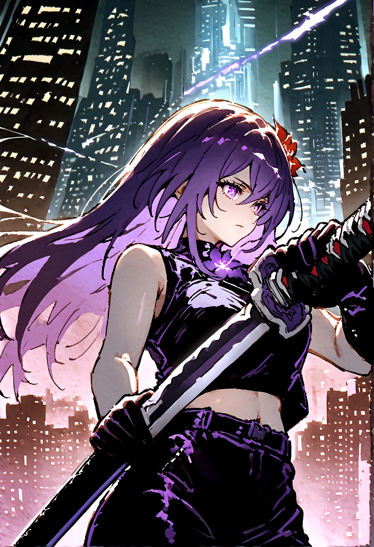 Anime girl with very long dark purple hair and a flower hair accessory wearing black short jeans with latex socks and a sport shoes wearing a cut shirt with no sleeves and half cut from below showing her belly with a black vest with short latex gloves purple glowing eyes holding a very long katana and in her other hand a very tall scabbard as she's surrendered with purple aura while giving a calm look on her face background city at night in Jujutsu Kaisen style while approaching a weird creature 