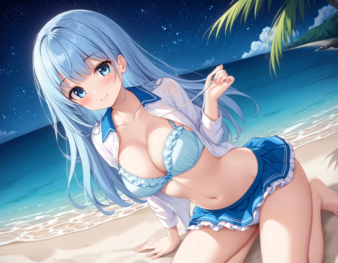 A cute white shirt that makes her look beautiful 、Unbuttoned white shirt、Blue 3/4 Cup Bra、Light blue frilled flared skirt、She holds up her skirt with both hands、Showing off her cute white underwear、The white underwear you can see when you lift up your skirt is cute、Sandy Beach, Beautiful sea, Night and starry sky