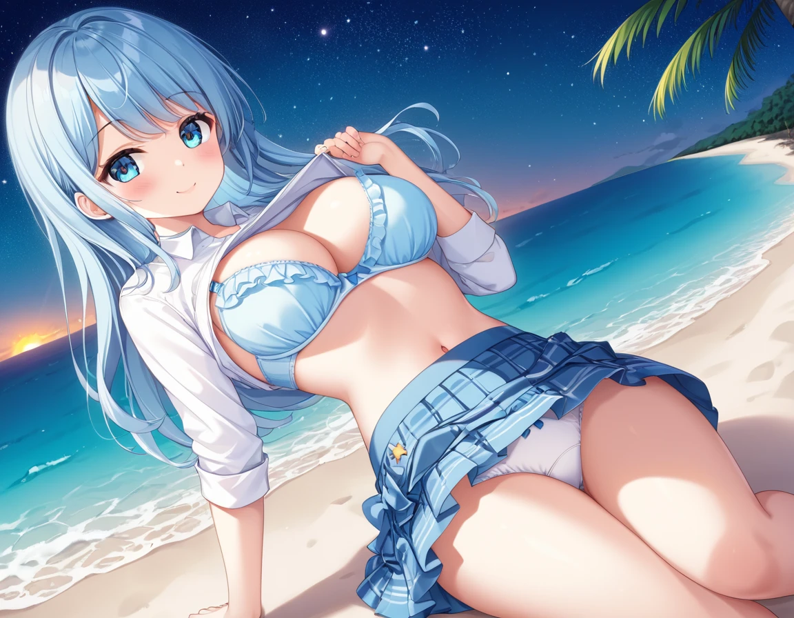 A cute white shirt that makes her look beautiful 、Unbuttoned white shirt、Blue 3/4 Cup Bra、Light blue frilled flared skirt、She holds up her skirt with both hands、Showing off her cute white underwear、The white underwear you can see when you lift up your skirt is cute、Sandy Beach, Beautiful sea, Night and starry sky