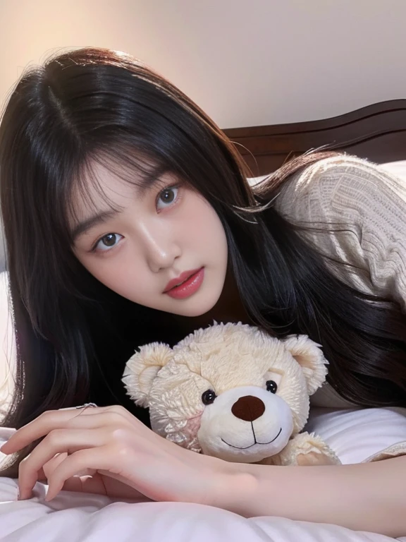 Close-up of a woman lying on a bed with a purple-eyed teddy bear, korean girl, beautiful south korean woman, gorgeous young korean woman, beautiful young korean woman, korean woman, beautiful Asian girl, jaeyeon nam, young and adorable korean face, Young cute pale asian face, jinyoung shin, Asian girl, heonhwa choe, pale korean adorable face