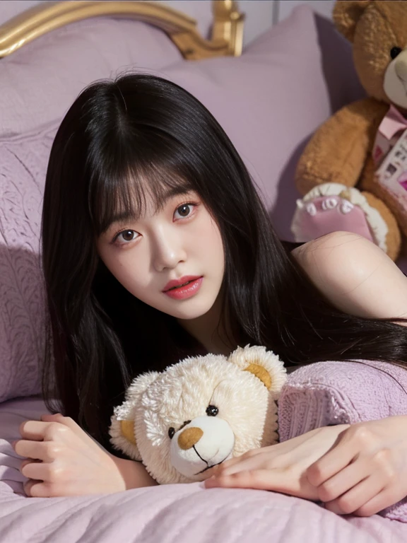 Close-up of a woman lying on a bed with a purple-eyed teddy bear, korean girl, beautiful south korean woman, gorgeous young korean woman, beautiful young korean woman, korean woman, beautiful Asian girl, jaeyeon nam, young and adorable korean face, Young cute pale asian face, jinyoung shin, Asian girl, heonhwa choe, pale korean adorable face