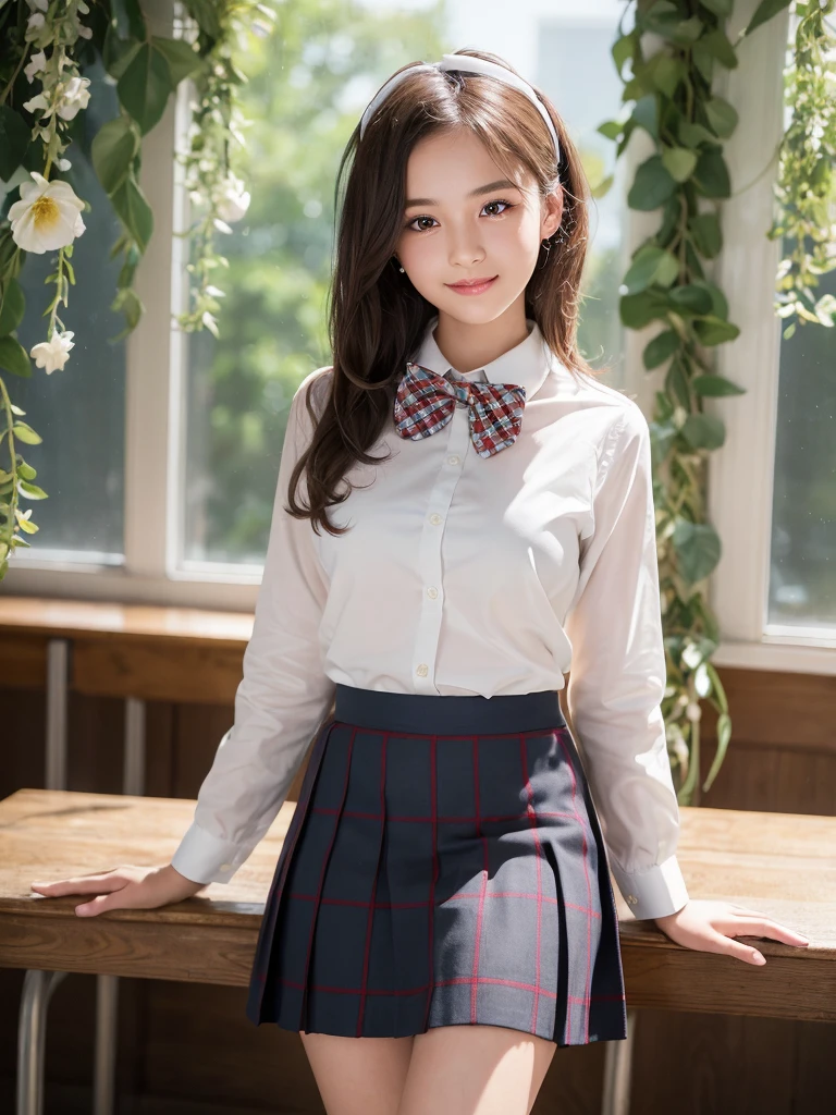 (1woman), bob hair, (round eyes:1.2), (highly detailed face and eyes), big smile,  Amazing face and eyes, (school uniform, skirt, bow tie:1.3), (Best Quality:1.4), (Ultra-detailed), (extremely detailed CG unified 8k wallpaper), Highly detailed, High-definition raw color photos, Professional Photography, Realistic portrait, indoors, (casual room, cute wallpapers:1.3), (A moment of relaxation), model, (studio photo shoots, cute backgrounds, many flower decorations), depth of fields, (fine face:1.2), summer,