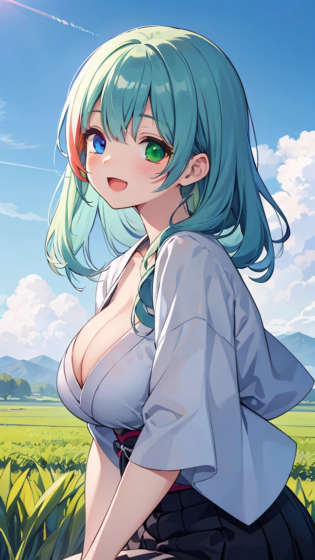 (8k, RAW photo, best quality, masterpiece, highres, absurdres, ultra detailed:1.3), (Photography, realistic, photo-realistic:1.4), (beautiful natural lighting, beautiful deatailed shadow, beautiful detailed glow :1.4),  atmospheric,

BREAK Beauty 1 Girl,Solo,(Cute:1.5),(Chibi:0.6),(kawaii:1.5),(:0.5),BREAK,(17 yl),Very detailed,colourfull,highest details,Clear skin,Beautiful skin,Shy,Very detailed,colourfull,highest details,BREAK,Clear skin,Beautiful skin,Shy skin,1 beautiful girl,(Heterochromia,blue eyes,green eyes:1.75),star eye silhouette,BREAK (pale blue hair, Medium length:1.4),(side ponytail,A little curly hair,Princess Cut, crossed bangs:1.3),,(cleavage of the breast,Big breasts,Beautiful breasts,Large breasts:1.5),(long eyelashes, Double eyelids:1.2),Solo,gleaming skin, Clear skin, Beautiful skin,(best quality face),(Top quality glowing eyes), (The best smile,:D:1.45),    

BREAK //Character

BREAK
one japanse poor farmers girl (squating:1.3) on japanese water-filled paddy field, girl wearing cobbled tattered (kimono), rice planting, griping grass, japanese rural, rural landscape, short skirt, feet (submerge:0.5), looking viewer, smile, Straw houses in the distance,

BREAK wakame,wakame,wakame,(cowboy shot,from side:1.4),

 BREAK manga illustration.media,manga style,(water color:1.15),

