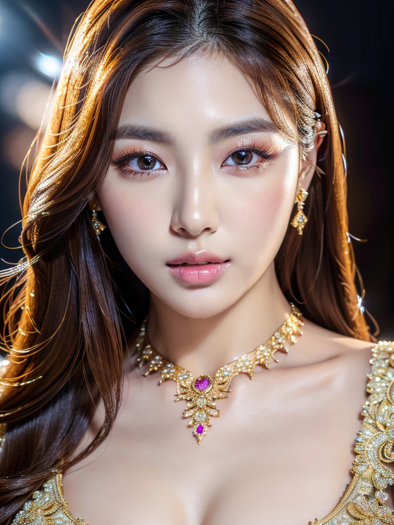 a beautiful young korean idol woman, 1girl, extremely detailed eyes, long eyelashes, beautiful detailed lips, flawless skin, elegant expression, intricate jewelry, detailed clothing, cleavage, small breasts, (best quality,4K,8K,highres,masterpiece:1.2),ultra-detailed,(realistic,photorealistic,photo-realistic:1.37),studio lighting,HDR,vivid colors,professional photography