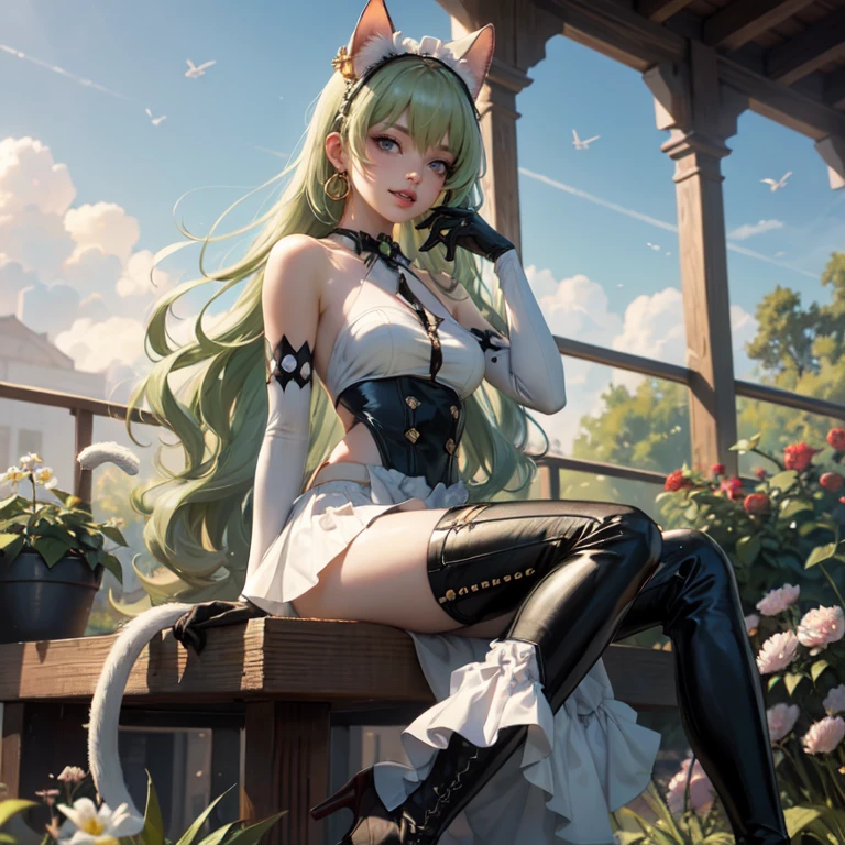 1girl, white maid dress, jewelry, green hair, flowing hair, long hair, white roses, firefly, oriental architecture, maid dress with a short skirt and layers, white laces, white boots, white dress with transparency, gold details on her clothes, cat ears, animal ears, outside, outdoor, seat on the water, meteor falling in the sky, white roses, grass flowers, more details, perfectly body, perfectly hands, two hands, two legs, two arms, five fingers, glowing hair, best quality, cat ears, animal ears, tail ornament, tail bow, white gloves, two cat tail, white gloves, alone, maid headdress, choker, garden scenery, detached sleeves, maid dress, maid white dress, strapless, masterpeice, best quality, detailed face, night, mobius (honkai impact), honkai (series), honkai impact 3rd, asymmetrical gloves, bangs, white short skirt , white gloves, white boots, earrings, elbow gloves, fishnet thighhighs, fishmasterpeice, solo, best quality, detailed face, gloves, green eyes, green hair, hair between eyes, jewelry, long hair, looking at viewer, single earring, sky, sleeveless, solo, thigh boots, thighhighs, tongue, tongue out, uneven gloves, sitting, cat ears, animal ears, cat tail, holding a ice cream