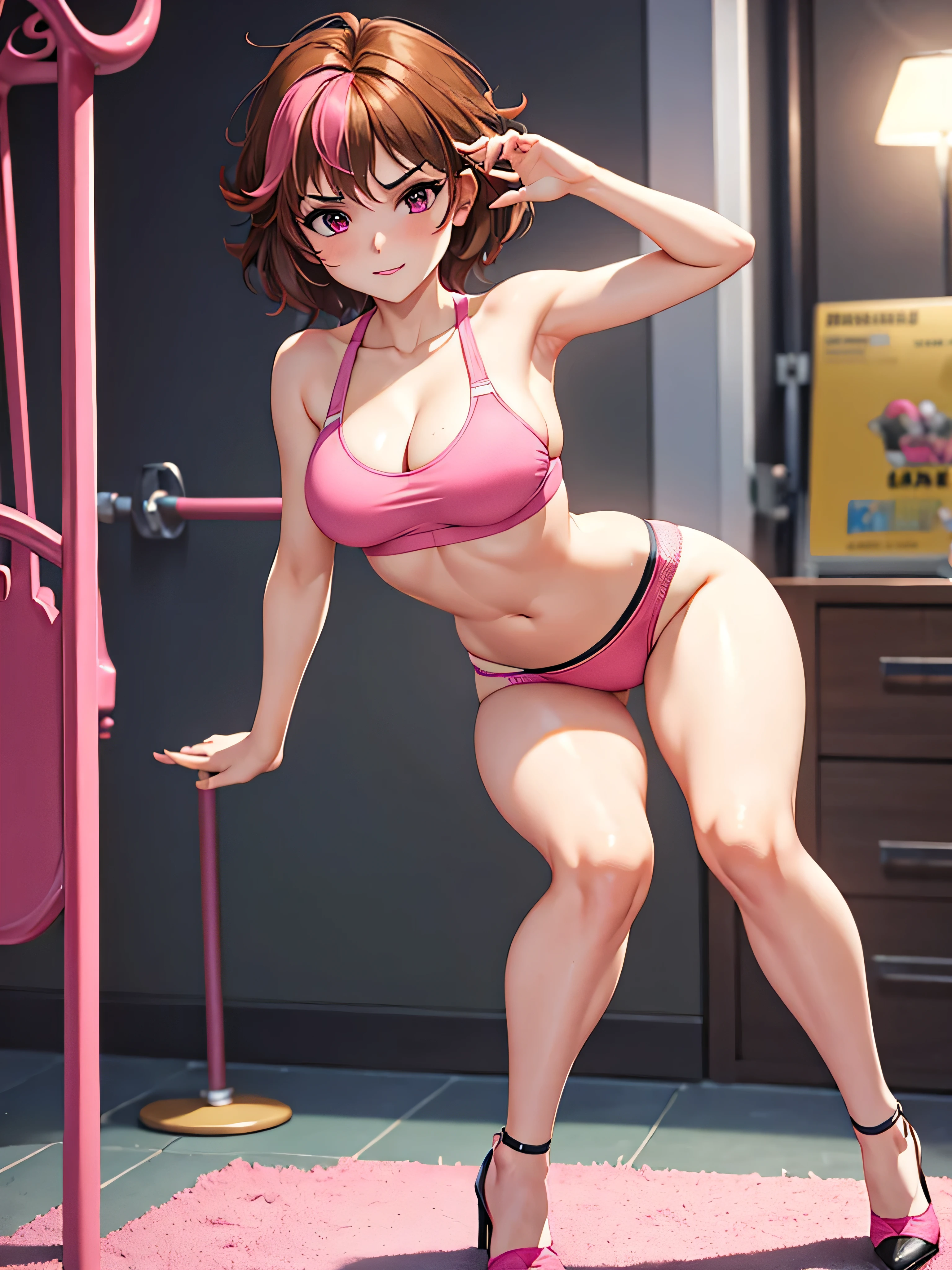 merula, sexy pose, pink high heels, sexy sport bra, sexy sport panties, full body, thighs