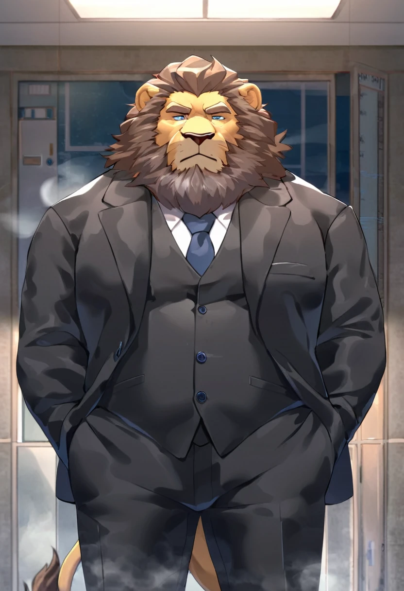 lion，personification，Mature male，Decadent strong man，Beard，Cold expression，Blue pupils，Brown eyebrows，Black suit suit，Hands in pockets，The Age of Steam，Hospital Office。