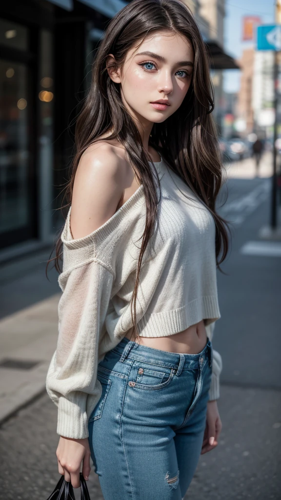 A highly realistic portrait of a stunning 20-year-old brunette influencer with striking blue eyes. She is posing confidently, wearing trendy, fashionable clothes that include a designer top and skinny jeans. Her long, wavy dark hair cascades naturally down her shoulders, and her makeup is meticulously applied, with a focus on a natural look enhanced by subtle highlights. Her eyes are captivating, with the blue color standing out vividly. The background is a modern, urban setting with detailed textures and lighting, capturing the essence of contemporary social media culture. The scene includes elements like soft natural lighting, slight imperfections in the skin for a touch of realism, and a depth of field effect to make her stand out